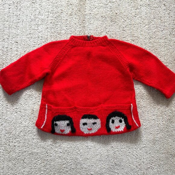 Vintage 50s/60s Hand-Knit Red Kids Sweater Pockets Graphic Faces Collectible